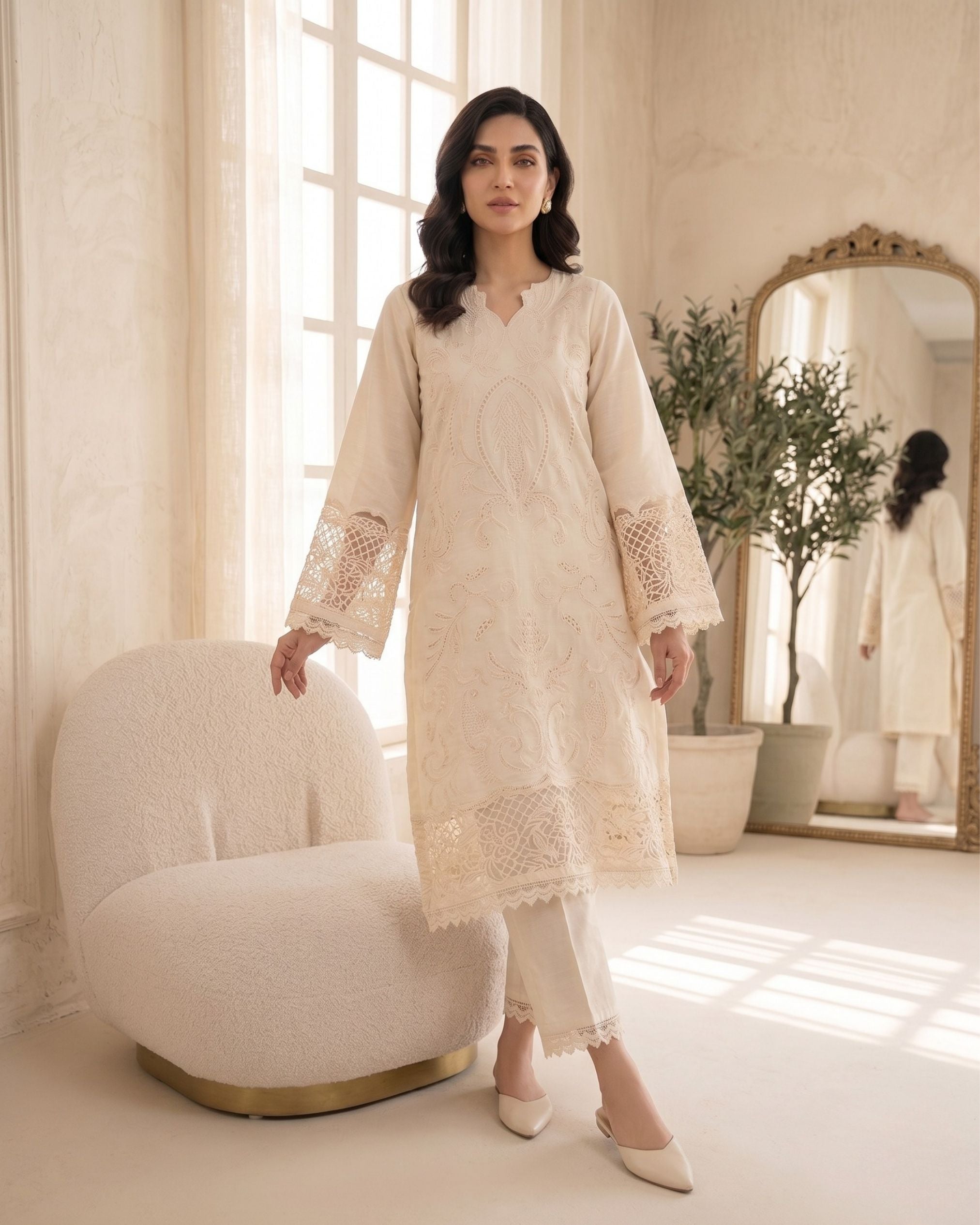 3 pcs Stiched Cambric Embroidered Dress - Butter Beige