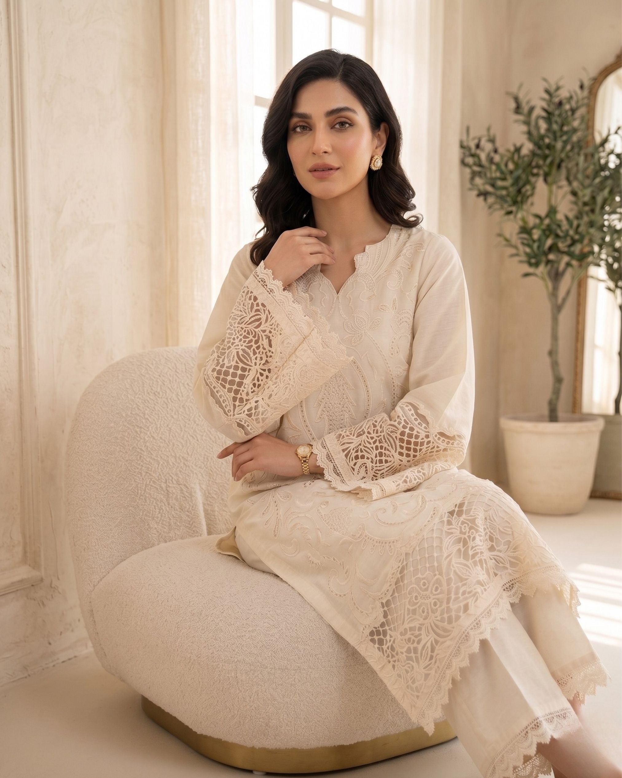 3 pcs Stiched Cambric Embroidered Dress - Butter Beige
