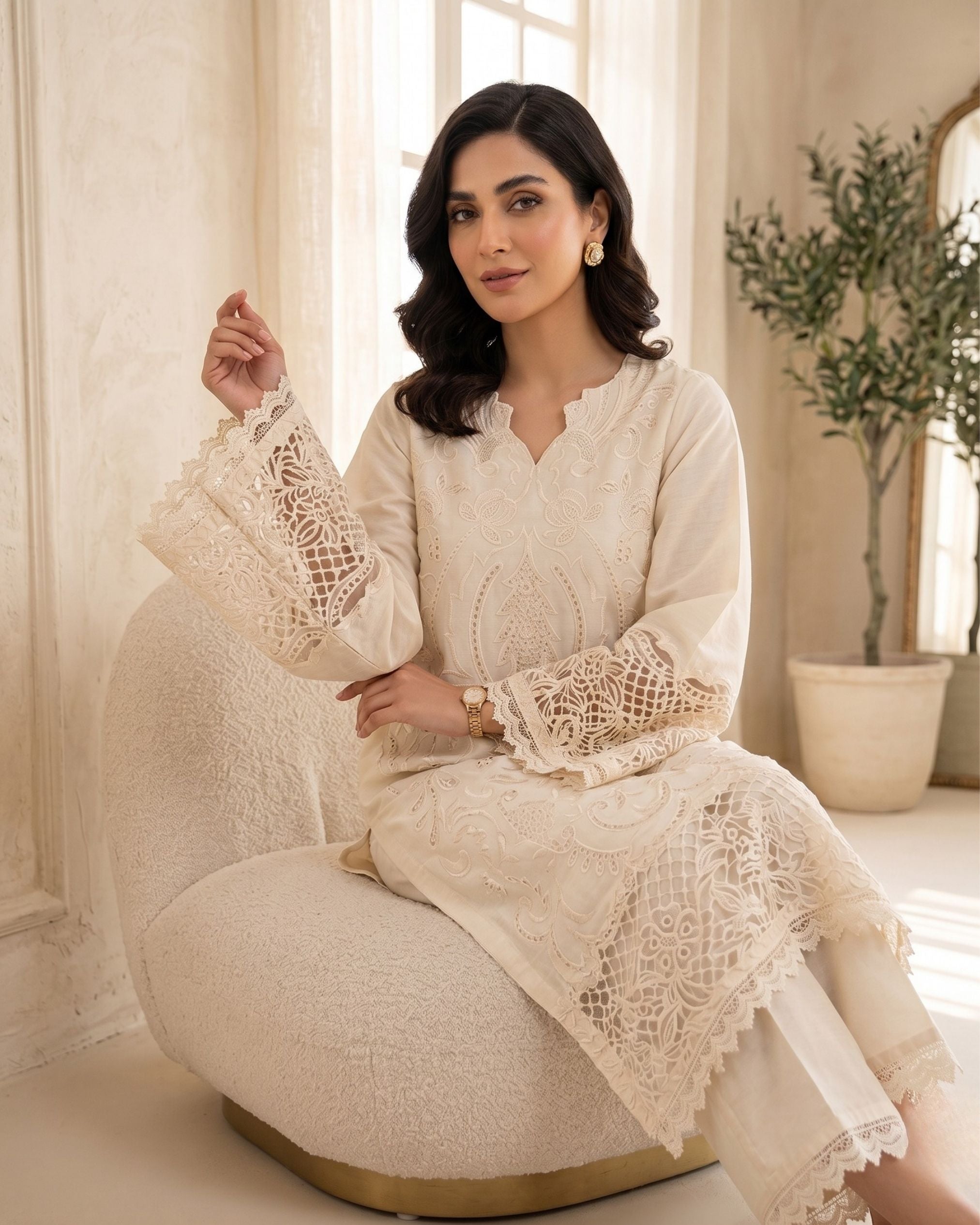 3 pcs Stiched Cambric Embroidered Dress - Butter Beige