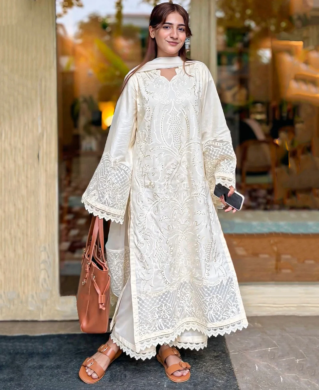 3 pcs Stiched Cambric Embroidered Dress - Butter Beige