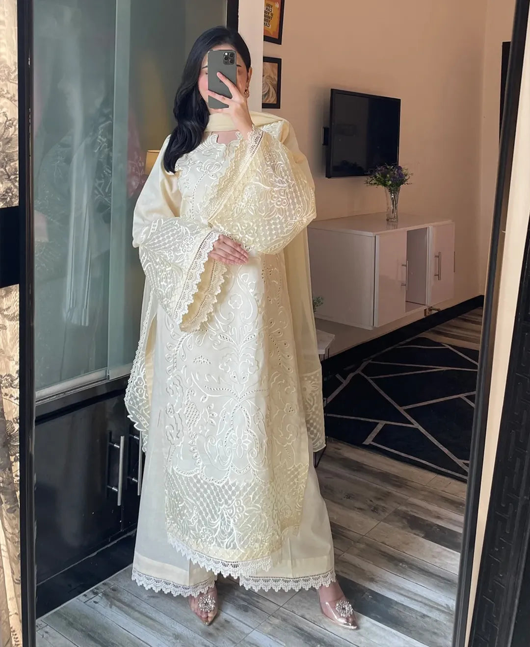 3 pcs Stiched Cambric Embroidered Dress - Butter Beige