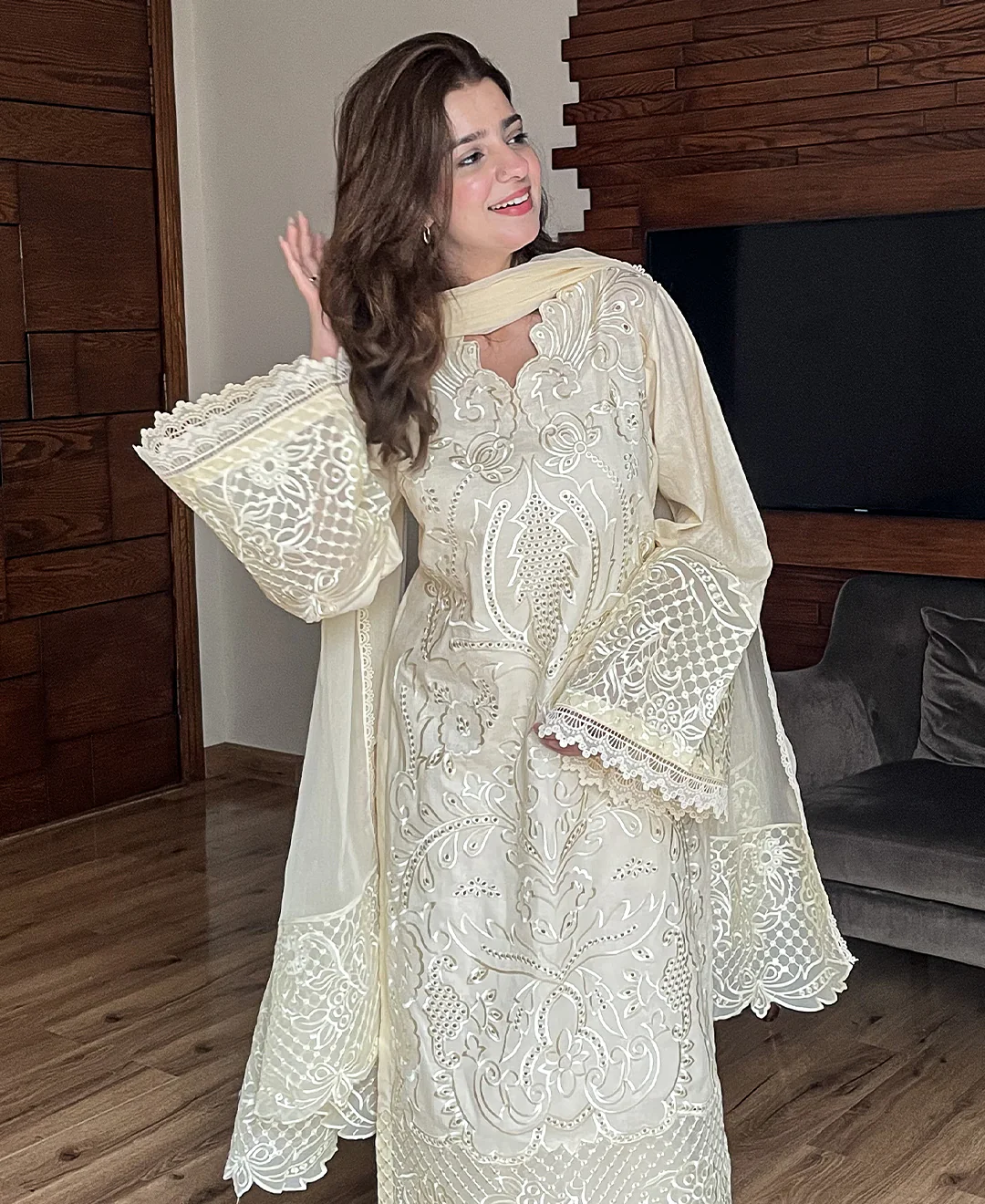 3 pcs Stiched Cambric Embroidered Dress - Butter Beige
