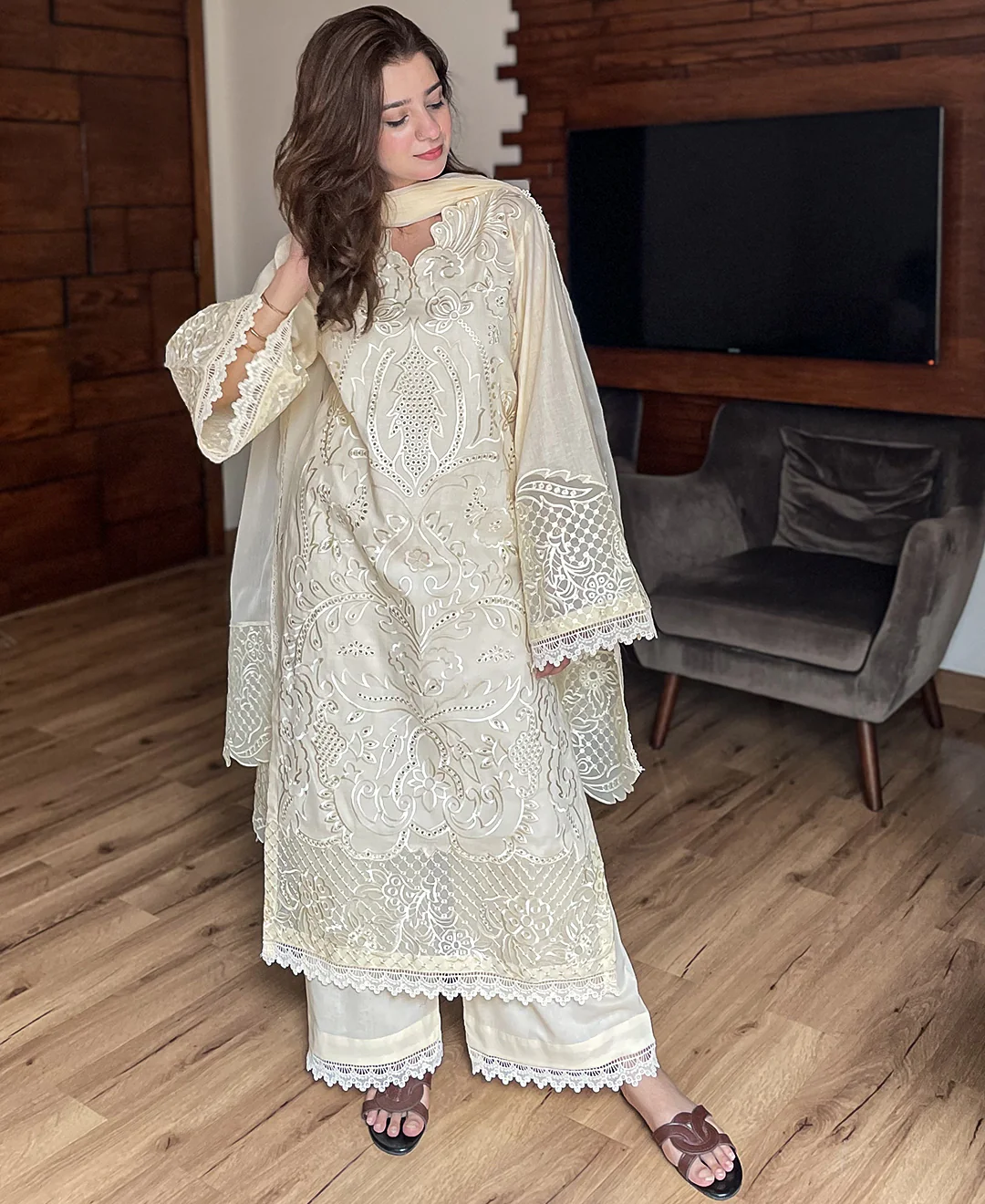 3 pcs Stiched Cambric Embroidered Dress - Butter Beige