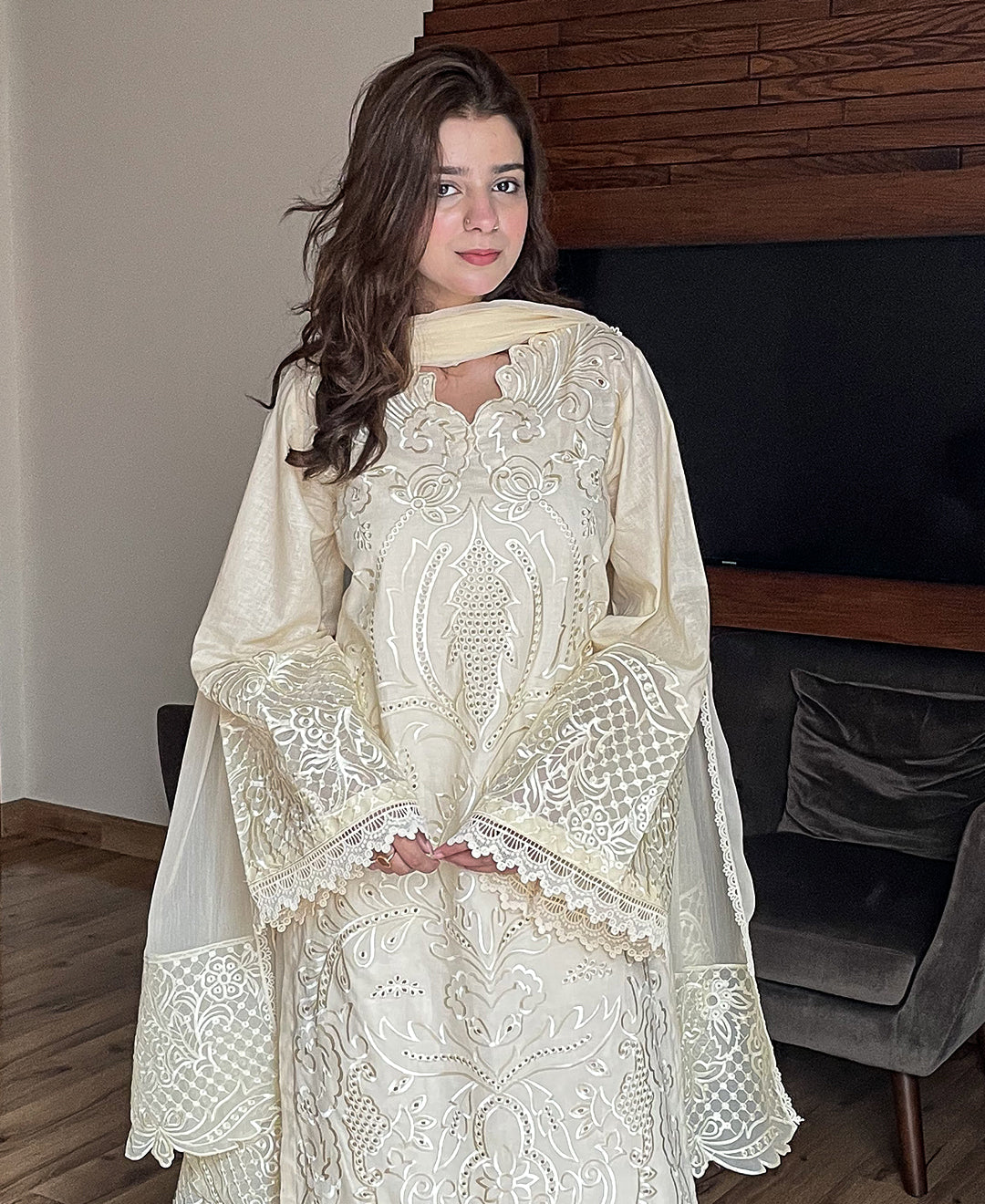 3 pcs Stiched Cambric Embroidered Dress - Butter Beige
