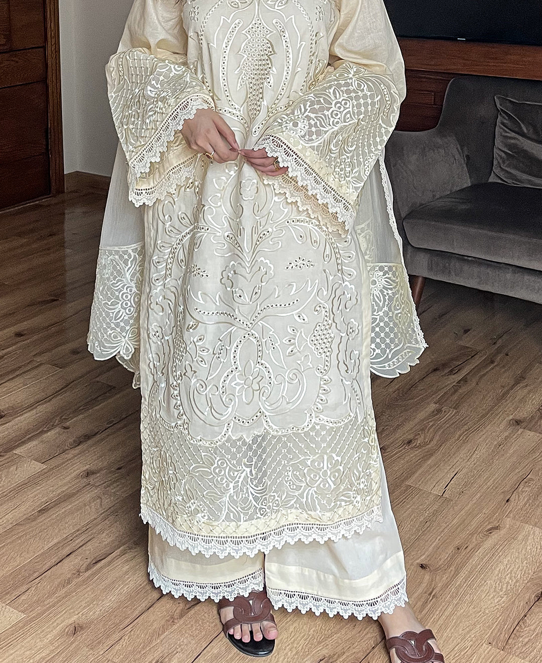 3 pcs Stiched Cambric Embroidered Dress - Butter Beige